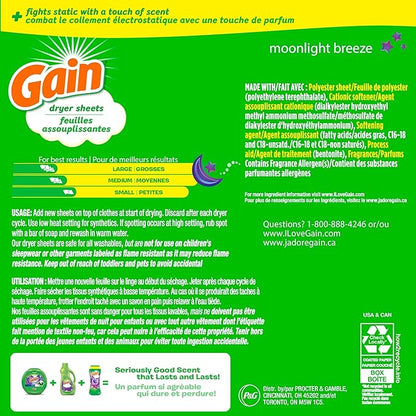 Gain dryer sheets, 105 Count, Moonlight Breeze Scent, Laundry Fabric Softener Sheets with 2-in-1 Aromaboost Plus Softness
