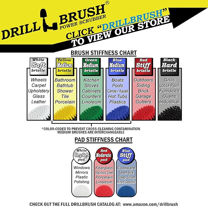 Drill Brush Power Scrubber - Outdoor Cleaning - Stiff Bristle Deck Brush - Concrete Scrub Brush - Bathroom Cleaning - Scrub Pad Attachments for Cordless Drill - Shower Cleaner - Glass Shower Doors
