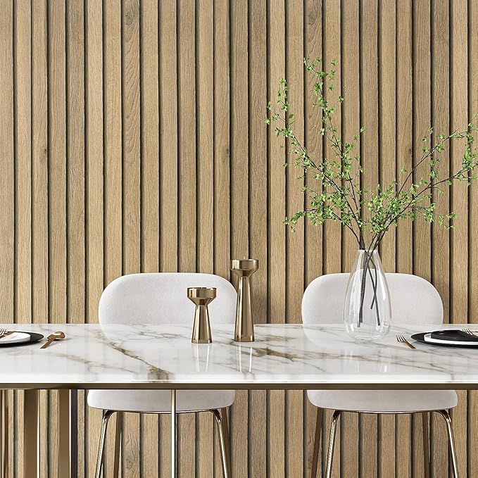 VEELIKE Slat Wood Contact Paper Wood Peel and Stick Wallpaper for Walls Cabinets Countertops Waterproof Self Adhesive Brown Wood Wallpaper 15.7''x118'' Removable Slat Wall Paper for Home Wall Décor