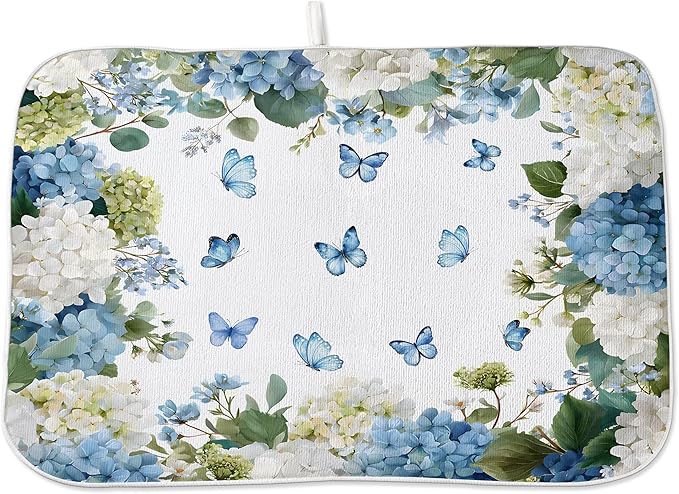 Spring Dish Drying Mat 18x24 Inches For Kitchen Counter Absorbent Watercolor Blue Hydrangea Butterfly Kitchen Decoration Summer Floral Drying Mat Pad For Home Kitchen,Dining Room,Office Decor