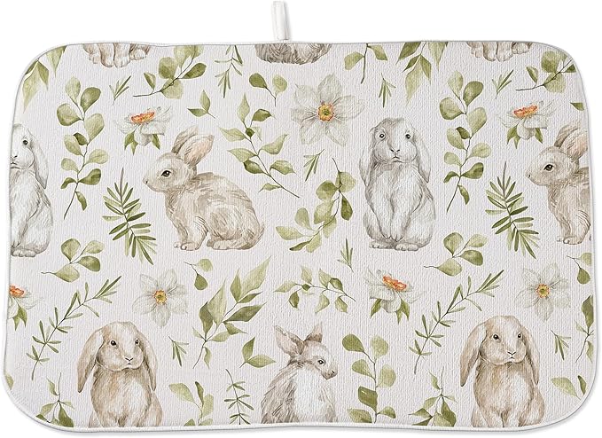 Spring Dish Drying Mat 18x24 Inches For Kitchen Counter Absorbent Easter Green Rabbit Floral Kitchen Decoration Bunny Flower Drying Mat Pad For Home Kitchen,Dining Room,Office Decor