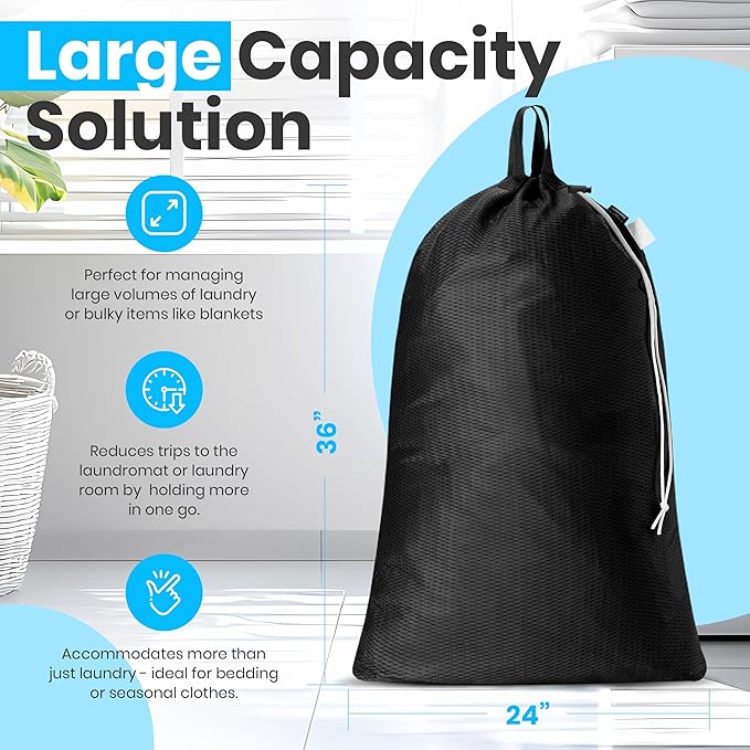 Handy Laundry Mesh Laundry Bag 24 x 36 Inches - Extra Large Heavy Duty Bag with Handles & Shoulder Strap, Breathable, Machine Washable for Dorm, Travel, Bedding & Storage - Black