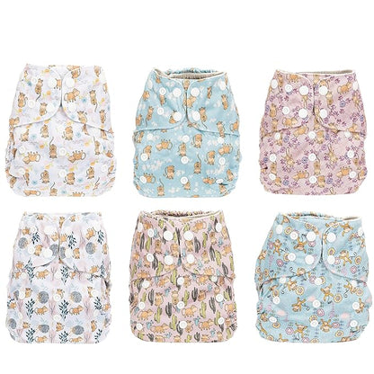 Simple Being Reusable Cloth Diapers, Double Gusset, One Size Adjustable, Washable Soft Absorbent, Waterproof Cover, Eco-Friendly Unisex Baby Girl Boy, six 4-Layers Microfiber Inserts (Monkey)