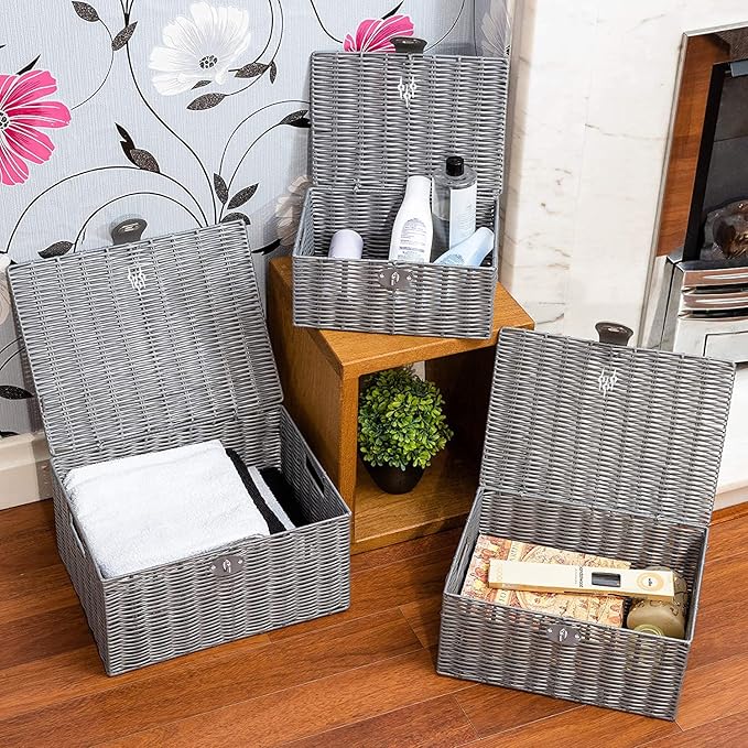 Set of 3 Woven Wicker Storage Basket Box with Lids & Lock, Built-in Carry Handles, Multifunctional Storage Organizer for Nursery, Baby, Clothes, Toys, Books, Large/Medium/Small Size (Grey)