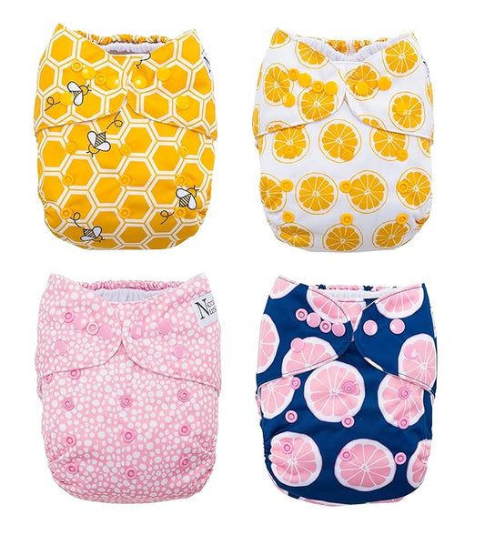 Nora's Nursery Cloth Pocket Diapers 4 Pack with 4 Inserts - Waterproof Cover, Washable, Reusable & One Size Adjustable Pocket Diapers for Newborns and Toddlers - The Bee's Knees