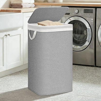 STORAGE MANIAC Metal Frame Laundry Hamper with Lid, 90L Tall Laundry Baskets with Removeable Bag, Large Clothes Hamper with PU Tag, Laundry Bin for Dorm, Collage, Bathroom, Bedroom, Gray