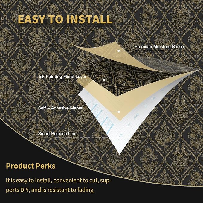 Toduso Peel and Stick Wallpaper Vintage Wall Paper Boho Contact Paper Black and Gold Floral Removable Wallpaper for Bathroom Bedroom Flower Waterproof Self Adhesive Vinyl Drawer Decor 17.3"x196.8"