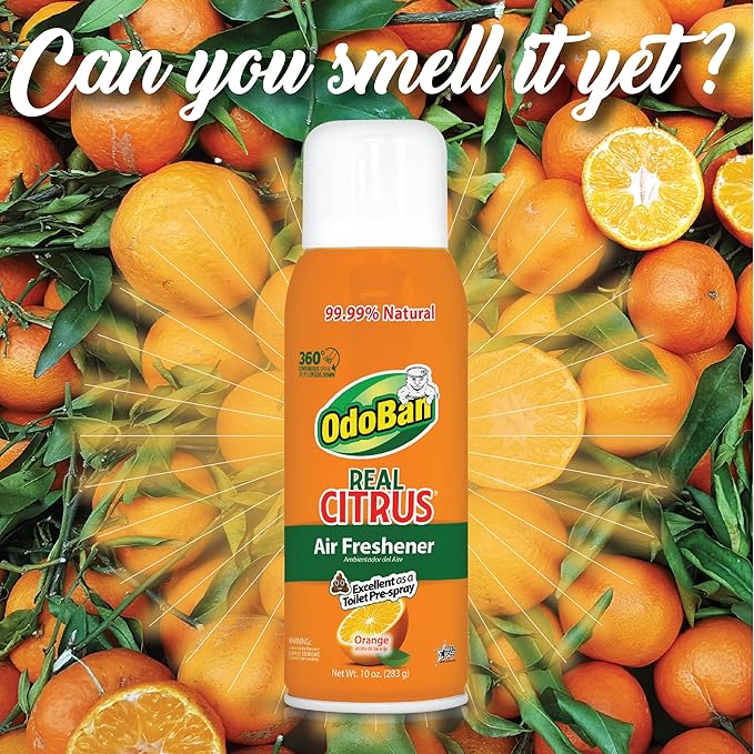 OdoBan Aroma Eliminator, 360-Degree Continuous Spray Natural Oil Real Citrus Air Freshener, Toilet Spray, 3-Pack, 10 Ounces Each, Orange Scent