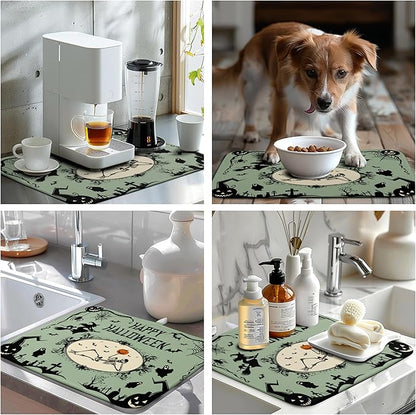 Happy Halloween Dish Drying Mat for Kitchen Counter 16x18 Skull Pumpkin Witch Spider Web Bat Ghost Drying Mats Green Black Absorbent Microfiber Dish Drainer Rack Pad for Coffee Bar