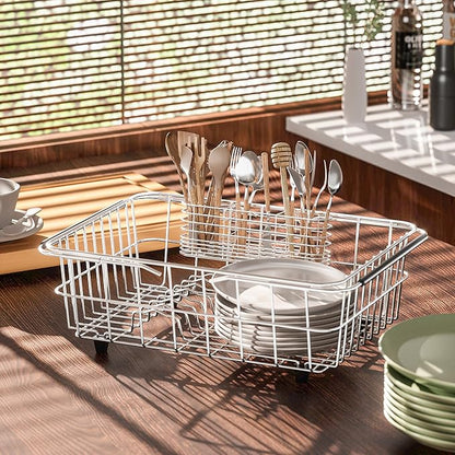 NiuYichee 304 Stainless Steel Utensil Holder, Dish Drying Rack, kitchen Utensil Organizer, Knife and Fork Drainage Rack, Kitchen Drainage Basket Accessories, With Hooks, Rust Proof, Color-Silver