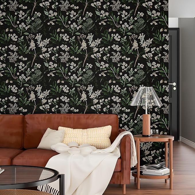 Laatse Dark Floral Wallpaper Peel and Stick Green Leaf Wallpaper Vintage Flowers Contact Paper Waterproof Self Adhesive Boho Delicate Wall Paper for Cabinet Kitchen Walls Locker 17.5in x9.8ft
