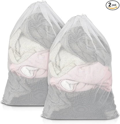 2 Pack Mesh Laundry Bags, 23 x 34 Inches Heavy Duty Mesh Laundry Bag, Large Laundry Drawstring Bag for College, Dorm, Travel, Family and Apartment Dwellers, White