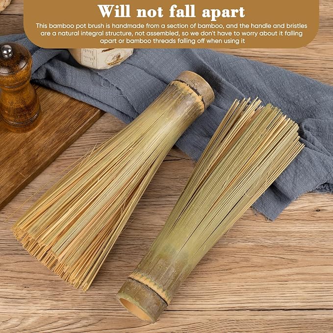 Bamboo Pot Brush,Traditional Natural Bamboo Wok Brush,Kitchen Cleaning Brush, Suitable for Cleaning Cast Iron Pots, Pans, Sinks, Trays, Basins, Barbecue Grills and Bathtubs, 2 Packs (Large)