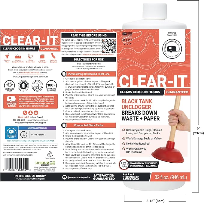 Unique Clear-It RV Black Tank Unclogger Liquid – Breaks Through Pyramid Plugs, Compacted Tanks & Clogged Pipes, 32 oz (2-Pack)