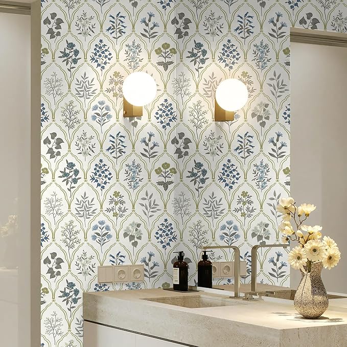 Dimoon 236"x17.3" Peel and Stick Wallpaper Contact Paper Floral Modern Removable Wallpaper Beige Wall Paper Self Adhesive Boho Contactpaper for Cabinets Drawers Blue Vintage Bedroom Thicken Vinyl