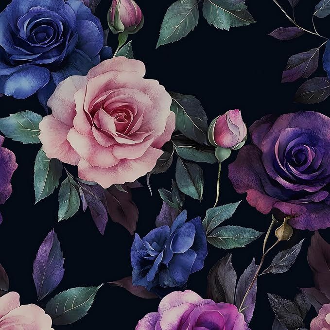 Deep Purple and Blue Roses Peel and Stick Wallpaper 17.5"X118" Gothic Vintage Floral Contact Paper Vinyl Waterproof Self Adhesive Removable Black Background Wall Decor for Bedroom Walls Cabinet Locker