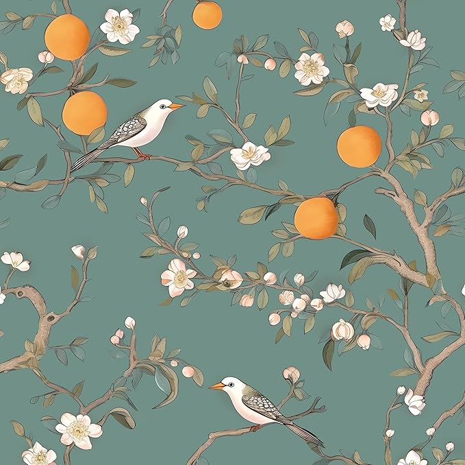 Green Floral Wallpaper Peel and Stick, Birds & Orange Fruits Contact Paper 17.5" x 393.7",Vintage Botanical Boho Wall Paper Self Adhesive Waterproof Removable for Room Shelves Cabinet Drawer Table