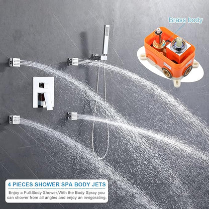 Enga Shower Body Jet System 12 Inch Ceiling Mounted Rainfall Shower Head with Body Sprays and Handheld Shower Faucet Set Rough-in Mixer Valve and Trim, Chrome