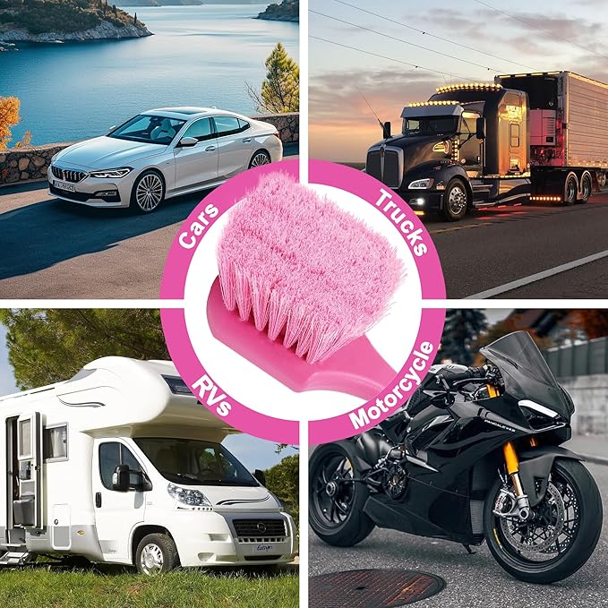 Pink Wheel Brush for Women, Soft Bristle Tire Brushes, Car Rim Cleaning Brush for Auto, Home & Motorcycles