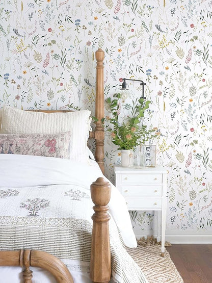 Dimoon 787"x16.1" Floral Peel and Stick Wallpaper White Contact Paper Thicken Wallpaper Delicate Flower Waterproof Green Leaf White Self Adhesive Removable Wall Paper Shelf Liner Decal Vinyl Roll