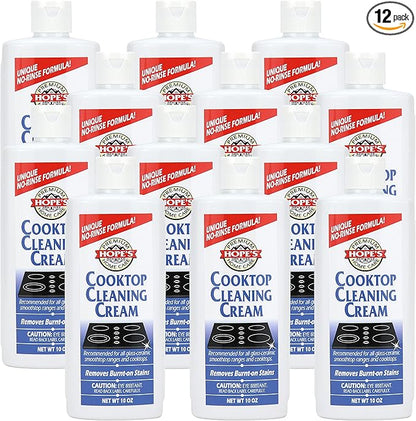 HOPE'S Cooktop Cleaning Cream, Fast Acting, No-Rinse Cooktop Cleaner for Glass Top Stoves, Polishes and Removes Burnt-on Stains Easily on Glass Ceramic Cooktops, 8 Fl Oz, Pack of 12