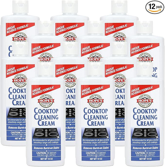 HOPE'S Cooktop Cleaning Cream, Fast Acting, No-Rinse Cooktop Cleaner for Glass Top Stoves, Polishes and Removes Burnt-on Stains Easily on Glass Ceramic Cooktops, 8 Fl Oz, Pack of 12