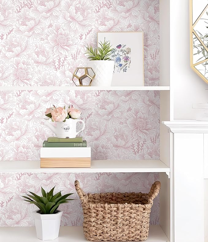 Guvana 17.3in×118in Floral Peel and Stick Wallpaper Boho Contact Paper Pink and White Wall Paper Modern Removable Wallpaper for Bedroom Bathroom Nursery Mural Wall Self Adhesive Waterproof Vinyl Roll