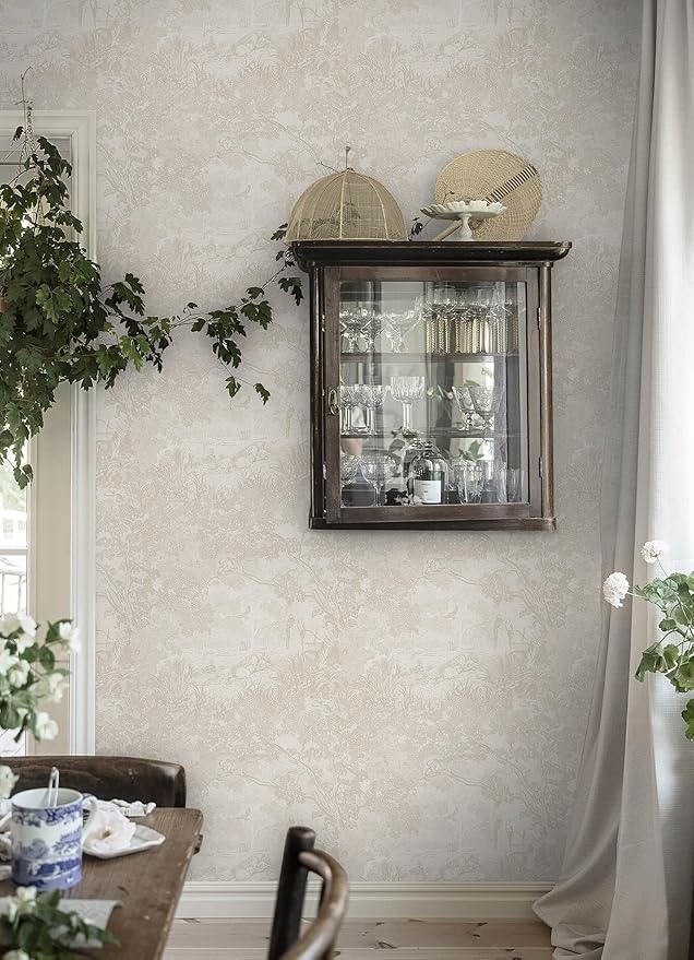 Heroad Peel and Stick Wallpaper Beige Neutral Vintage Forest Animals Floral Wallpaper Removable Self-Adhesive Contact Paper for Bedroom Living Room Cabinets Decoration Thicken Vinyl 17.3''x78.7''