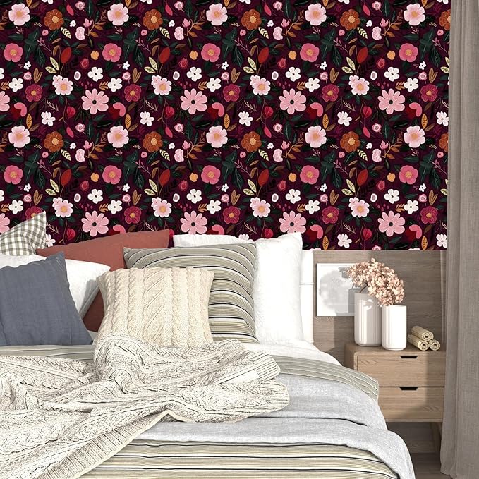 Fvlow Red Pink Floral Wallpaper Peel and Stick 17.4" X 118" Dark Red Gothic Witchy Contact Paper Flower Removable Covering for Bedroom Cabinet Bathroom Vintage Retro Goth Home Decor