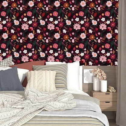 Fvlow Red Pink Floral Wallpaper Peel and Stick 17.4" X 118" Dark Red Gothic Witchy Contact Paper Flower Removable Covering for Bedroom Cabinet Bathroom Vintage Retro Goth Home Decor