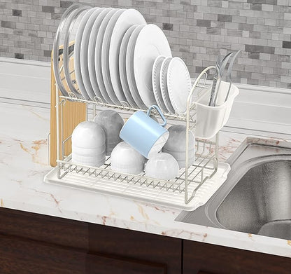 Simple Houseware 2-Tier Dish Rack with Drainboard, White