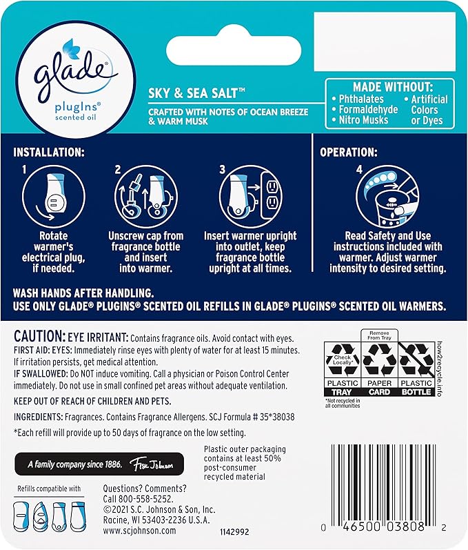 Glade PlugIns Refills Air Freshener, Scented and Essential Oils for Home and Bathroom, Sky & Sea Salt, 1.34 Fl Oz, 2 Count