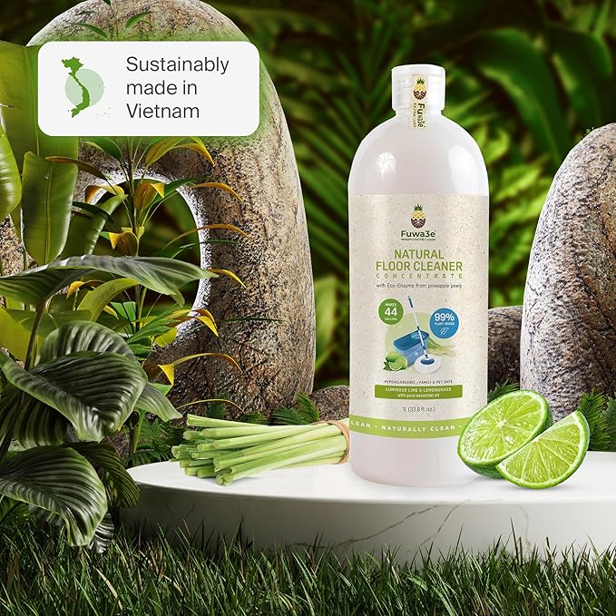 Fuwa3e Pineapple Enzyme Natural Floor Cleaner Lime & Lemongrass - 33.8oz 1 Pack (Makes 44 Gallons) - 99% Organic Mop Soap with Fermented Pineapple Peels - Multi Surface Non Toxic Floor Cleaner