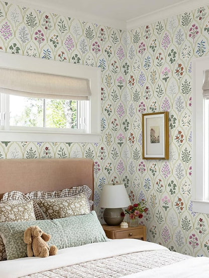 Dimoon 197"x17.3" Peel and Stick Wallpaper Floral Vintage Contact Paper Modern Removable Wallpaper Boho Beige Pink Self Adhesive Wall Paper for Cabinets Drawers Bathroom Bedroom Thicken Vinyl Roll