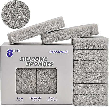 8 Pack Silicone Scrubbing Sponges, Heavy-Duty, Non-Scratch Kitchen Sponges - Reusable, Odor-Free, Perfect as Cleaning for Dishes, Non-Stick, Countertops (Grey)