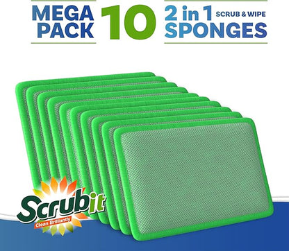 Scrub and Wipe Cleaning Pads [10 Pack] – SCRUBIT Dual Sided Scouring Pad and Sponge - Reusable Kitchen Scrubbing Sponges for Dishes, Pots, Pans Utensils & Non-Stick Cookware (Green)