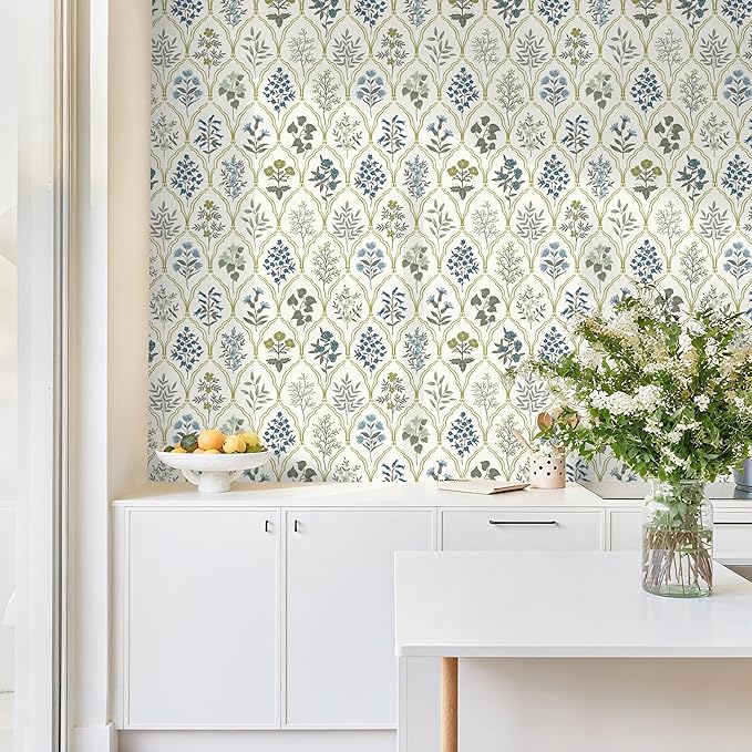 Dimoon 78.7"x17.3" Peel and Stick Wallpaper Contact Paper Floral Modern Removable Wallpaper Beige Wall Paper Self Adhesive Boho Contactpaper for Cabinets Drawers Blue Vintage Bedroom Thicken Vinyl