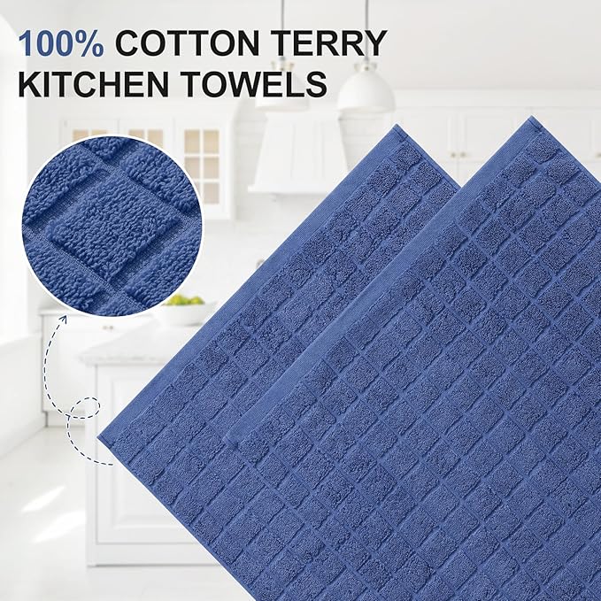 Homaxy Premium Cotton Kitchen Towels 16"x 28", Large Natural Ring Spun 390 GSM Dish Towels, Super Absorbent Terry Kitchen Hand Towels, Soft Tea Towels with Hanging Loop, Pure Navy Blue Design, 12 Pack