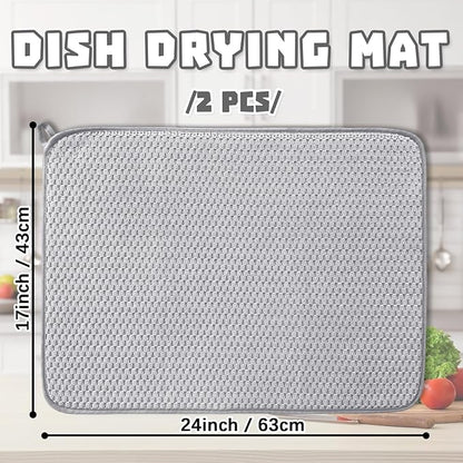 2Pcs XXL Dish Drying Mat,Absorbent Microfiber Dish Drainer Mats,Kitchen Counter Pads for Coffee Countertops,Sinks,Draining Racks(24×17",Gray)