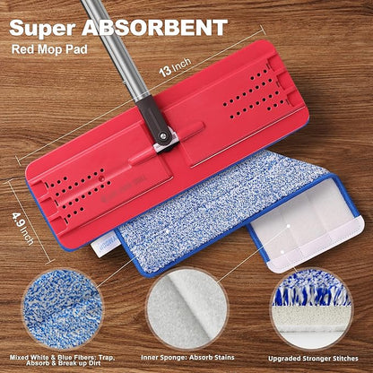 JOYMOOP Flat Mop, Microfiber Mops for Floor Cleaning and Wall Cleaner, 60" Long Handle with Flexible 13" Flat Head with a Microfiber Mop Pad - Black & Red