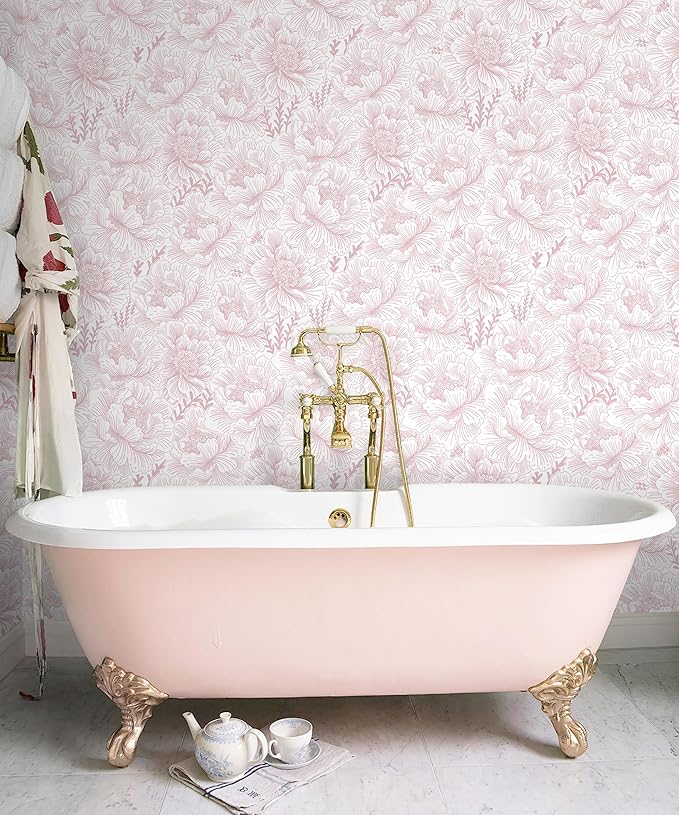Guvana 17.3in×118in Floral Peel and Stick Wallpaper Boho Contact Paper Pink and White Wall Paper Modern Removable Wallpaper for Bedroom Bathroom Nursery Mural Wall Self Adhesive Waterproof Vinyl Roll
