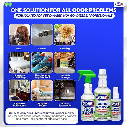 ZORBX Unscented Multipurpose Odor Eliminator 3 items Bundle: 2 Oz + 16 Oz + 32 Oz - Used in Hospitals & Healthcare Facilities - Advanced Trusted Formula - Perfect Bundle to Get Rid of Unpleasant Odors