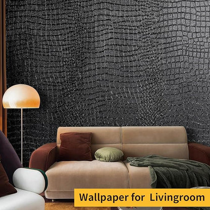 Black Crocodile Peel and Stick Wallpaper, 15.7" X 395", Embossed, Easy Peel Off, Self Adhesive, Removable, Textured, Waterproof, Scratch-Resistant, Straight Match, 43.07 sq ft, PVC, 1 Count