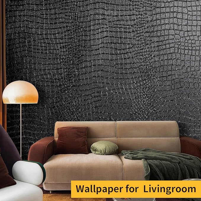 Black Peel and Stick Wallpaper, 15.7'' X 197'' Crocodile Wallpaper Embossed Easy off Self Adhesive Removable Contact Paper Textured for Cabinet Bedroom with Knife Tape Measure (Cismmy 0001)