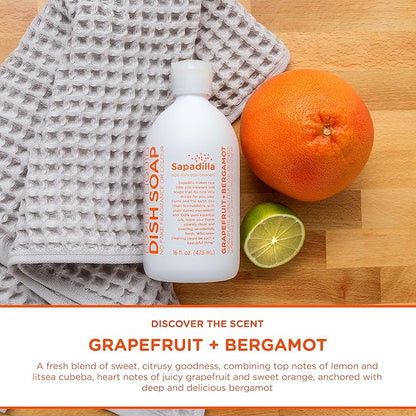Sapadilla Liquid Dish Soap - Grapefruit + Bergamot - Made with 100% Pure Essential Oil Blends, Tough on Grease, Aromatic & Fragrant Dishwashing Liquid, Plant Based, Biodegradable, 16 Ounce (Pack of 1)