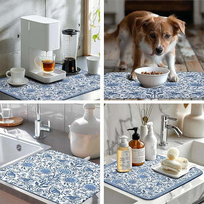 Blue Floral Dish Drying Mat for Kitchen Counter Boho Flowers Dishes Drainer Mats Rustic Farmhouse Microfiber Absorbent Dish Draining Spring Summer Reversible Dish Rack Pad Large 18x24 Inch