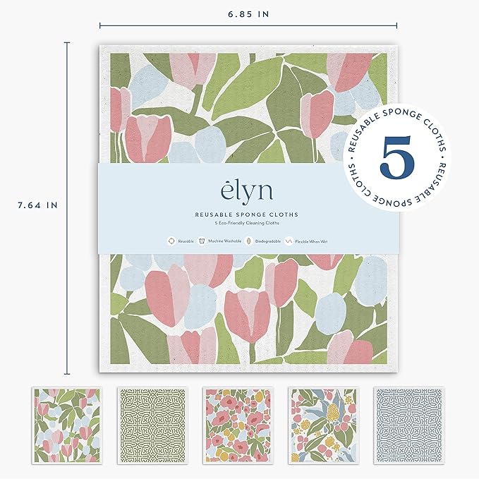 ELYN Swedish Dishcloths, Reusable & Washable Sponge Cloths, Absorbent Cleaning Paper Towels for Kitchen, Dishes, Counters and More, 5 Pack, Assorted Geo & Floral Pattern