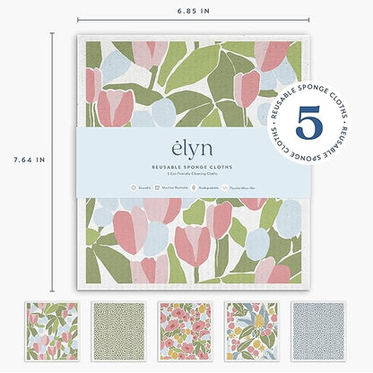 ELYN Swedish Dishcloths, Reusable & Washable Sponge Cloths, Absorbent Cleaning Paper Towels for Kitchen, Dishes, Counters and More, 5 Pack, Assorted Geo & Floral Pattern