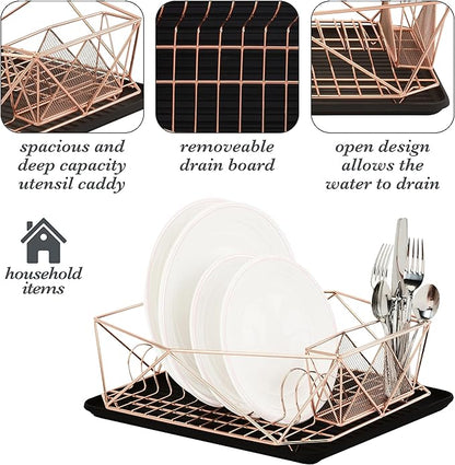 Kitchen Details Geode Deluxe Dish Drying Rack with Drain Board | Cutlery Basket | Utensil Holder | Iron Frame | Copper