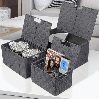Sorbus Set of 3 Hand-Woven Storage Baskets with Lids – Mesh Organizers for Linen Closet, Shelves, or Home Storage – Variety Pack (Gray)